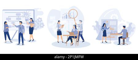 Neues Startup-Projekt, Gruppe verschiedener Mitarbeiter diskutiert Geschäftsideen, Brainstorming, Marktforschung, Analyse von Mitbewerbern, Schaffung eines Markenzeichens, Flach ablegen Stock Vektor