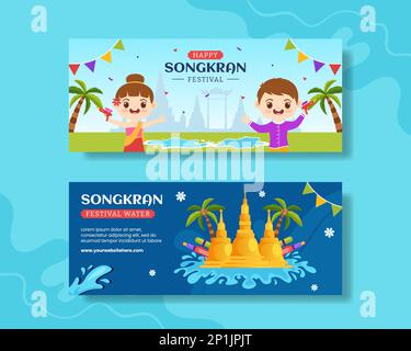 Songkran Festival Day Horizontale Banner Flache Cartoon Handgezeichnete Vorlagen Hintergrund Illustration Stock Vektor