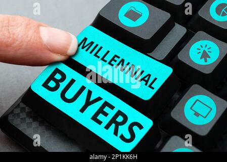 Schild mit den Millennial Buyers. Internetkonzept Art der Verbraucher, die an Trendprodukten interessiert sind Stockfoto