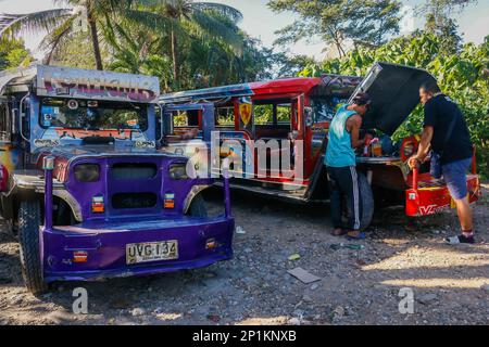 3. März 2023, Metro Manila, National Capital Region, Philippinen: Mechaniker reparieren den Motor eines traditionellen Jeepneys in Antipolo City, Philippinen am 3. März 2023. Seit Jahrzehnten verlassen sich Pendler auf den Jeepney, eine lebendige und ikonische Transportmethode auf den Philippinen. Es gilt als eine ikonische Darstellung des philippinischen Transports und hat sich zu einem nationalen Symbol entwickelt. Die ersten Jeepneys wurden aus amerikanischen Militärjeeps, die nach dem Zweiten Weltkrieg auf den Philippinen verlassen worden waren, in einzigartige Fahrzeuge für den öffentlichen Nahverkehr umgewandelt, die bis zu 20 Passagiere aufnehmen konnten. Stockfoto