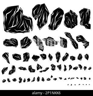 Vektorsatz aus monochromen verschiedenen gebrochenen Steinen. Schwarze Silhouetten-Clipart-Sammlung zertrümmerter Steine mit Rissen, die vom Hintergrund isoliert sind. Stock Vektor