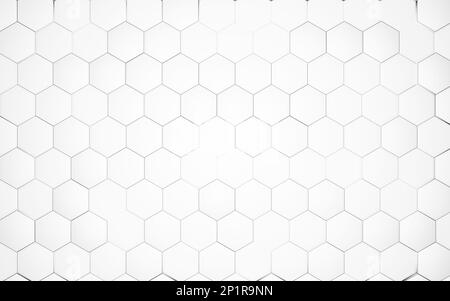 Abstraktes technologisches 3D-Rendering mit weißem sechseckigem Hintergrund. Hintergrundtextur der Wand. Wand mit strukturierten Sechsecken. Wabendesign im Hintergrund Stockfoto