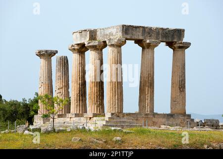 Tempel des Apollo, das antike Korinth, Korinthien, Peloponnes, Griechenland, Tempel des Apollo Stockfoto