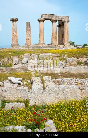 Tempel des Apollo, das antike Korinth, Korinthien, Peloponnes, Griechenland, Tempel des Apollo Stockfoto