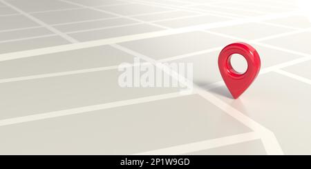 Rotes Zeigersymbol auf Kartenhintergrund, Kopierbereich. Navigationsfinder, gps, Richtung, Ort, Kompass, Kontakt, Suchkonzept. 3D Position Ill rendern Stockfoto