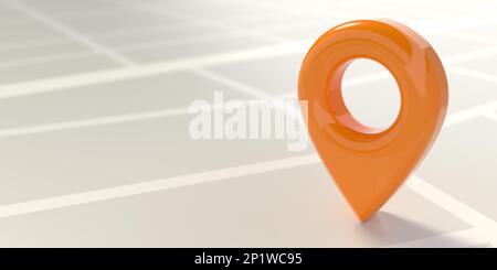 Orangefarbenes Zeigersymbol auf Kartenhintergrund, Kopierbereich. Navigationsfinder, gps, Richtung, Ort, Kompass, Kontakt, Suchkonzept. 3D-Renderposition Stockfoto