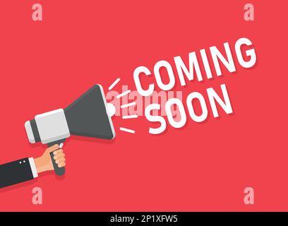 Demnächst erscheint ein Banner-Symbol mit flachem Style. Vektordarstellung der Werbeschriftung auf isoliertem Hintergrund. Offenes Poster signieren Geschäftskonzept. Stock Vektor