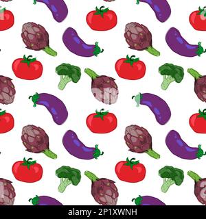 Nahtloses Muster mit handgezeichneten bunten Gemüsesorten. Flache Symbole: Brokkoli, Aubergine, Artischocke und Tomate. Vegetarisches gesundes Essen. Veganer, Bauernhof, Orga Stock Vektor