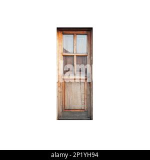 Alte geschlossene Holztür isoliert auf weißem Hintergrund mit Fotostruktur Stockfoto