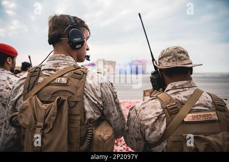 BAHRAIN (25. Januar 2023) – USA Marines, die der Naval Amphibious Task Force 51/5. Marine Expeditionary Brigade zugeteilt wurden, fordern während der letzten Übung von Neon Defender 23 in Bahrain am 25. Januar eine enge Luftunterstützung. Neon Defender ist eine jährliche bilaterale Schulungsveranstaltung zwischen den USA Marinestreitkräfte Zentralkommando und Bahrain. Die Übung konzentriert sich auf die maritime Sicherheit, die Installationsabwehr, den Marinebau, die medizinische Reaktion sowie Such- und Rettungstraining. Stockfoto