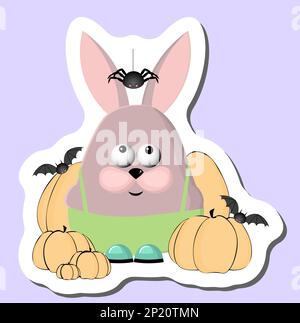 Fröhlicher, lustiger Hase mit Kürbissen. Bunny feiert Halloween. Herbstaufkleber. Stock Vektor