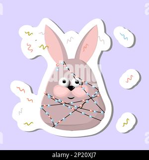 Fröhlicher, lustiger Weihnachtskaninchen. Das Kaninchen ist in der Girlande verfangen. Winteraufkleber. Stock Vektor