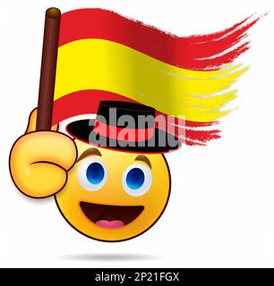 Emoticon mit einem Ausdruck der Freude und wackelnder Nationalflagge. Typisches Kleid. Rendering isoliert auf weißem Hintergrund Stockfoto