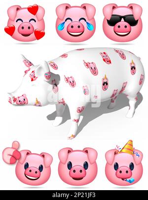 ilustación 3D de un cerdo decorado con emoticonos. Figuras aisladas sobre fondo Blanco Stockfoto