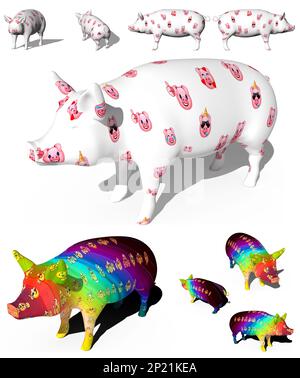 ilustación 3D de un cerdo decorado con emoticonos. Figuras aisladas sobre fondo Blanco Stockfoto