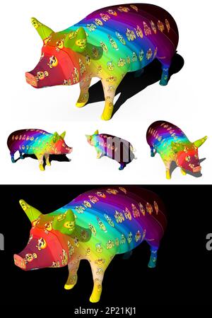 ilustación 3D de un cerdo decorado con emoticonos. Figuras aisladas sobre fondo Blanco Stockfoto