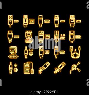 Abbildung: USB-Kabel- und Anschlusskäufe mit Neon-Glow-Symbol Stock Vektor