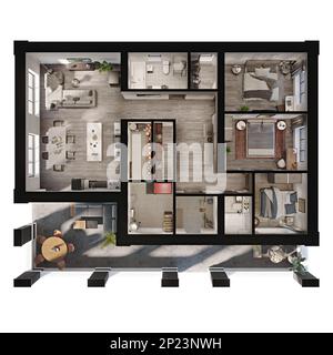 3D Renderplan und Grundriss eines modernen Apartments/privaten Hauses mit Terrasse