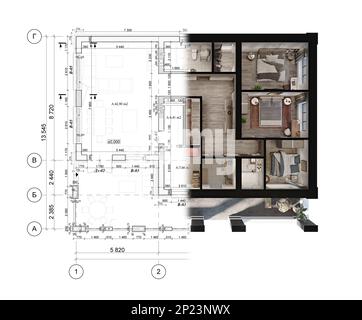 3D-Darstellung eines modernen Privathauses auf der architektonischen technischen Zeichnung Stockfoto