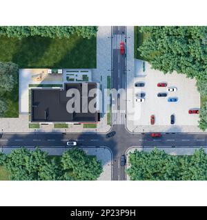 Luftaufnahme der Kreuzung und des Stadthauses, 3D Rendern Stockfoto