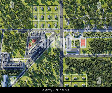 Luftaufnahme der Kreuzung und des Stadthauses, 3D Rendern Stockfoto