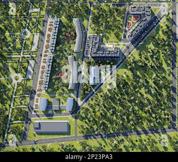 Luftaufnahme der Kreuzung und des Stadthauses, 3D Rendern Stockfoto