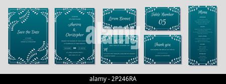 Elegante Einladungen mit silbernen Blumenmotiven und marineblauem Hintergrund. Stock Vektor