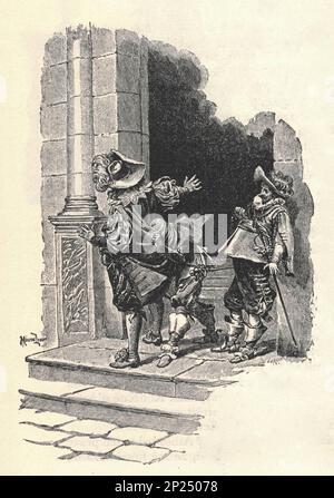 DREI MUSKETIERE. D'Artagnan, Athos, Aramis und Porthos. Illustration aus einer Ausgabe aus dem späten 19. Jahrhundert von Alexander Dumas pere. Illustration von Maurice Leloir. Stockfoto