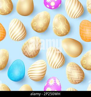 Goldene ostereier, luxuriöses Muster. Frühlingsgrußkarte, Happy Golden Poster, Kunstdekor für Einladung und Begrüßung. Textildekor, Geschenkpapier, Tapetendesign. Hintergrund der Vektordarstellung Stock Vektor