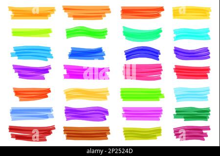 Farbmarkierungen, Highlights der Schule. Farbige Tintenzeichnungen, farbenfrohes Stiftetikett, Bannerlinien. Durchstreichen unterstreicht die Dekorelemente. Abbildung: Isolierte Ränder des Vektorpinsels auf weißem Hintergrund Stock Vektor