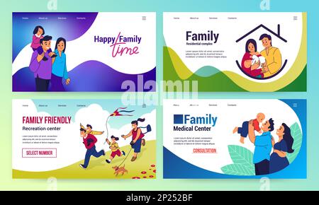 Glückliche Familie. Web-Landing-Page. Design der Benutzeroberfläche für Versicherungs-Websites. Medizin und Gesundheitswesen. Haus für Leute mit Kindern. Reisen für Eltern und Kinder. Online-Banner festgelegt. Konzept der Vektorvorlage Stock Vektor