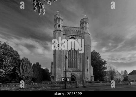 Winterfrost über der Thorney Abbey Kirche, Thorney Village, Cambridgeshire, England, Großbritannien Stockfoto