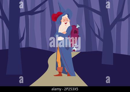 Zeichentrickfilm-Illustration. Magische Figur im Nachtwald. Mann im Gewand mit Silberbart, Tasche mit Zaubertränken, Zauberer oder geheimnisvoller Alchemist. Vektor-Hexerei-Maskottchen Stock Vektor