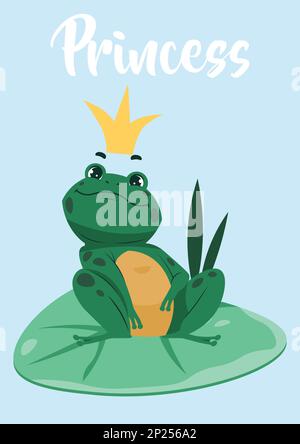 Froschhaltung. Grüner Frosch mit Prinzessinnenkrone. Lustiges Wassertier, das auf Seerosenblättern sitzt. Märchenhafte Charakterkarte. Viel Spaß beim Entspannen. Süße Kröte krächzt. Froschsumpf. Vektordarstellung Stock Vektor