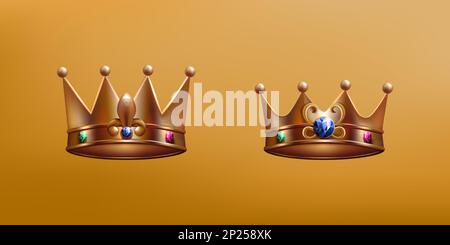 3D goldene König- und Königskrone. Edelsteine am Umhang der Monarchie. Antiker Prinz oder Prinzessinnen-Krönung im Königreich. Luxuriöse Diademe. Kaiserliche Diademen. Königlicher Schmuck, Kopfbekleidung. Vektorrealistische heraldische Symbole Stock Vektor