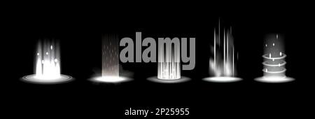 Hologrammtunnel, leicht auf dem Podium. Rundstrahl-Power-up-Effekt, weiße Tech-Aura, Lichtstrahltechnologie. Circle-Fantasy-Tunnel für digitale Energielöcher. Vektor realistische Strahlen, 3D isolierte Elemente gesetzt Stock Vektor