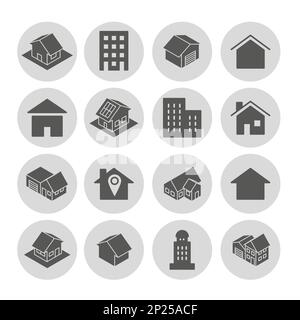 Traditionelles Vorstadthaus. Hauskreissymbole. Immobilien. Wohnungs- oder Gehäusekontur. Eingang zum Patria Casa. Wohngebäude mit Garage. Urbane Wohnung. Positionierstift. Zeichen für Vektorsilhouette gesetzt Stock Vektor