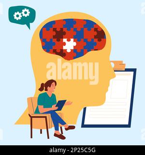 Psychotherapie-Sprechstunde. Beraterin sitzt im Sessel. Psychologe mit Klemmbrett. Menschlicher Kopf. Gehirnrätsel. Psychische Störung. Stress oder Verwirrung. Psychologische Hilfe. Vektorkonzept Stock Vektor