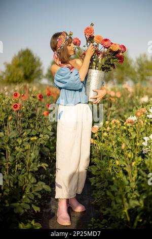 Porträt einer Frau, während ein Bauer einen Eimer voller frischer, farbenfroher Dahlien trägt und auf einer Blumenfarm im Freien arbeitet. Gärtnerin im Sommer Stockfoto