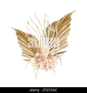 Getrocknete Blumen im Boho-Stil. Handgezeichnete Aquarelle auf isoliertem Hintergrund für Grußkarten oder Hochzeitseinladungen. Böhmischer cremiger Bouquet mit trockenen Palmenblättern in blassrosa Orchideen. Stockfoto