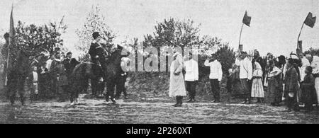 Seine Kaiserliche Hoheit Großherzog Sergej Alexandrowitsch ließ das Wolga Kosakenregiment passieren. Foto von 1902. Stockfoto