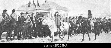 Russen in der Mandschurei. General Gribskoy vor dem Kosakenregiment. Foto von 1902. Stockfoto