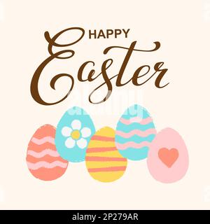 Von Hand gezeichnete Vektorsilhouette mit Ostereiern und Happy easter-Schriftzug. Hintergrund mit Textnachricht für Banner, Karte Stock Vektor