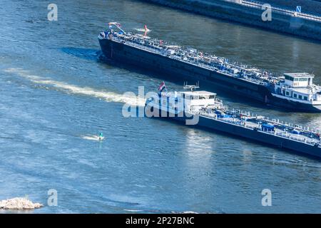 Trechtingshausen: Rhein (Rhein), Frachtschiffe in Rheintal, Rheinland-Pfalz, Rheinland-Pfalz, Deutschland Stockfoto