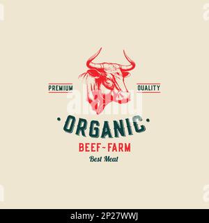 Animal Portrait Organic Meat Abstract Vector Packaging Design oder Label Template. Banner Mit Rindersteaks Aus Eigener Landwirtschaft. Moderne Typografie und handgezeichnete Kuh Stock Vektor