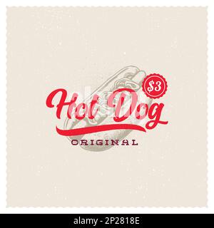 Handgezeichnete Hotdog-Silhouette und moderne Vintage-Typografie im Retro-Stil. Würstchenetikett für Fast-Food-Verpackungen und Restaurants Stock Vektor
