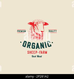 Logo-Vorlage Für Retro-Badge Im Schaffleischbetrieb. Handgezogenes Lamm-Rindergesichtsskizze mit Retro-Typographie. Vintage Steaks Sketch Emblem. Isoliert Stock Vektor