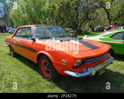 Altes orangefarbenes 1970er IKA Renault Torino Lutteral Comahue Sport-Coupé in einem Park. Natur, Gras, Bäume. Sonniger Tag. Autoclasica 2022 Oldtimer-Show. Stockfoto