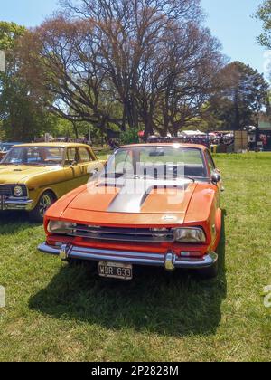 Altes orangefarbenes 1970er IKA Renault Torino Lutteral Comahue Sport-Coupé in einem Park. Sonniger Tag. Natur, Gras, Bäume. Autoclasica 2022 Oldtimer-Show. Stockfoto