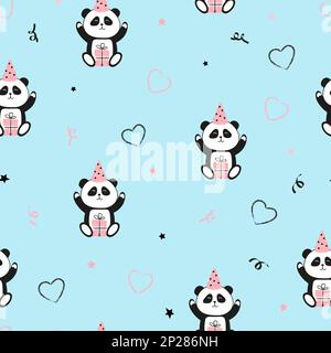 Süße Pandabären mit Geschenken und nahtlosem Muster. Hintergrund zum Vektorgeburtstag Stock Vektor
